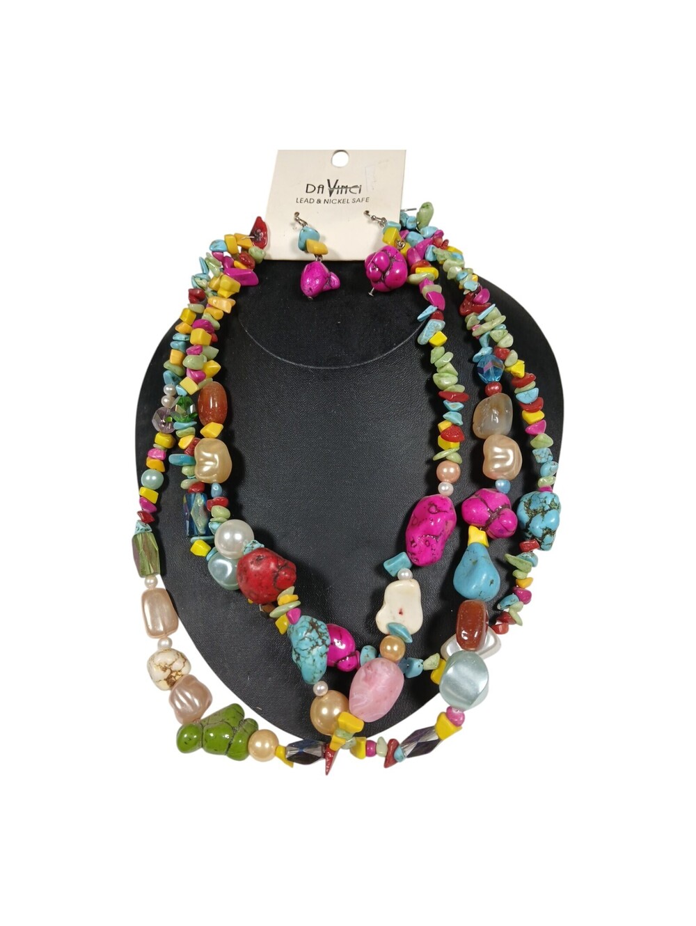 3-Strand Southwest Necklace Turquoise Howlite Semi Precious Stones &Earring Set